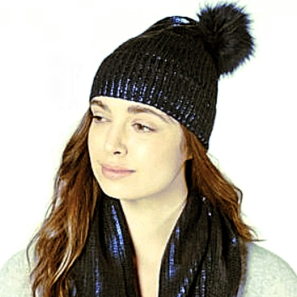 INC International Concepts Accessories - INC Macy's Pom Pom Liquid Shine Black Beanie NWT!